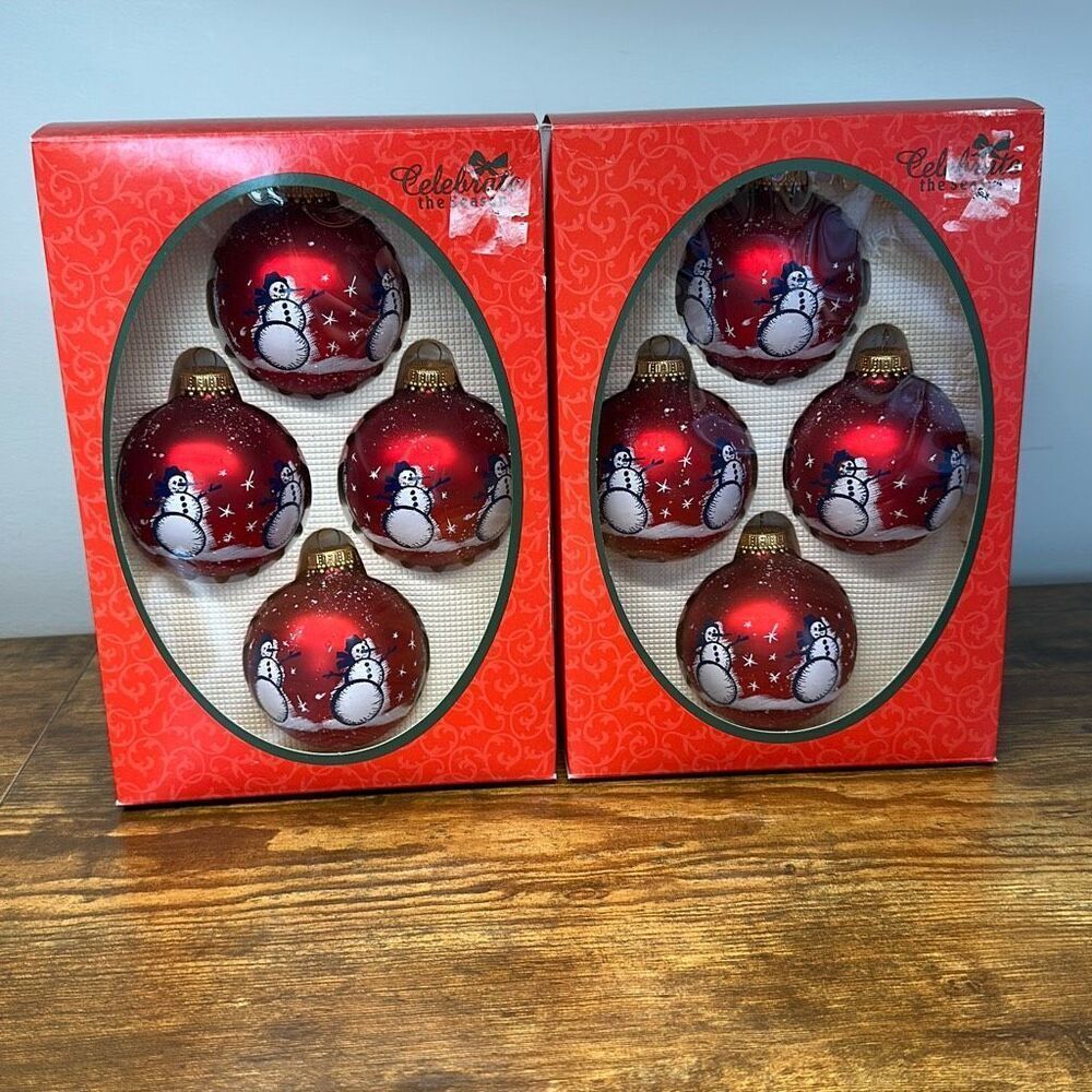 Christmas by Krebs Snowmen‎ Glass Ornaments set of 8 Red